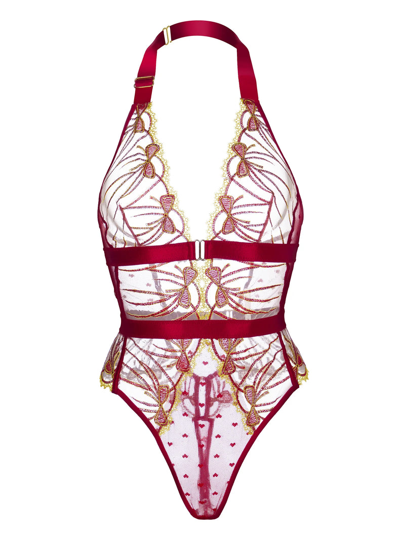 Midnight Crimson Embroidered Halter Bodysuit