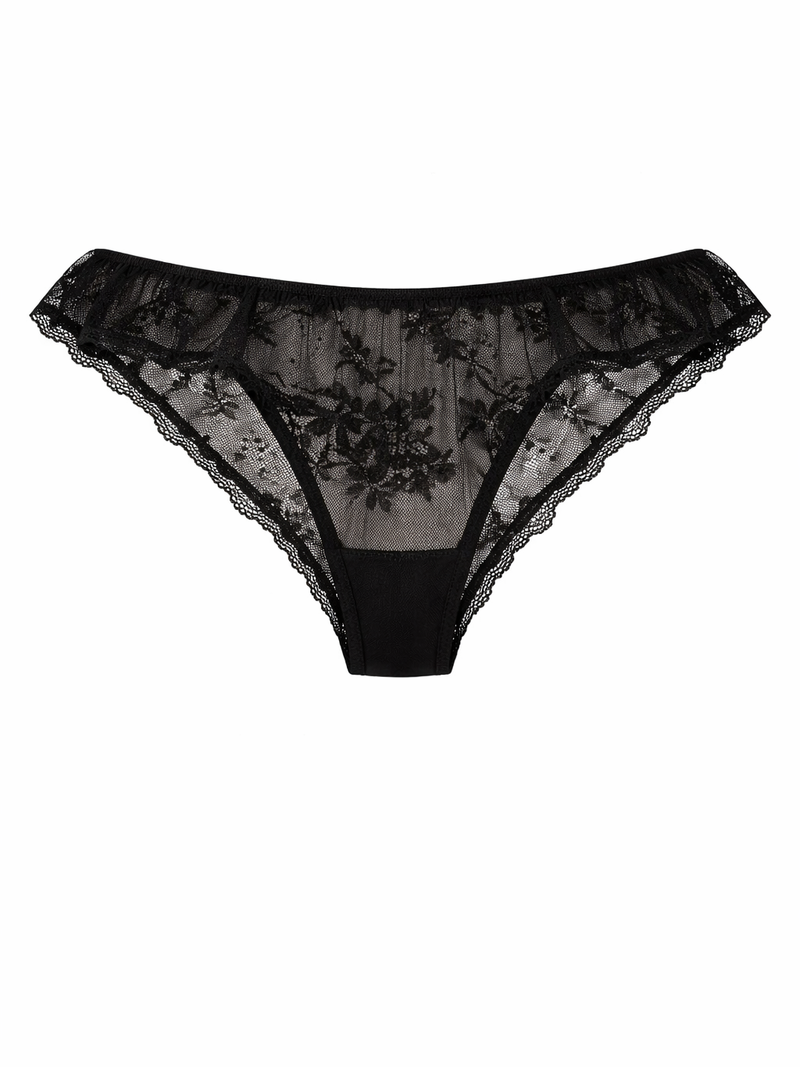 Midnight Floral Lace Bikini Briefs with Scalloped Edges