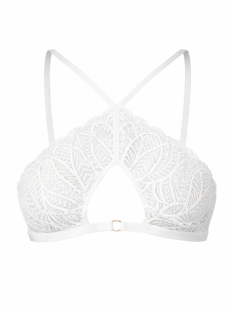 Alabaster High-Neck Lace Halter Bralette with Keyhole Detail
