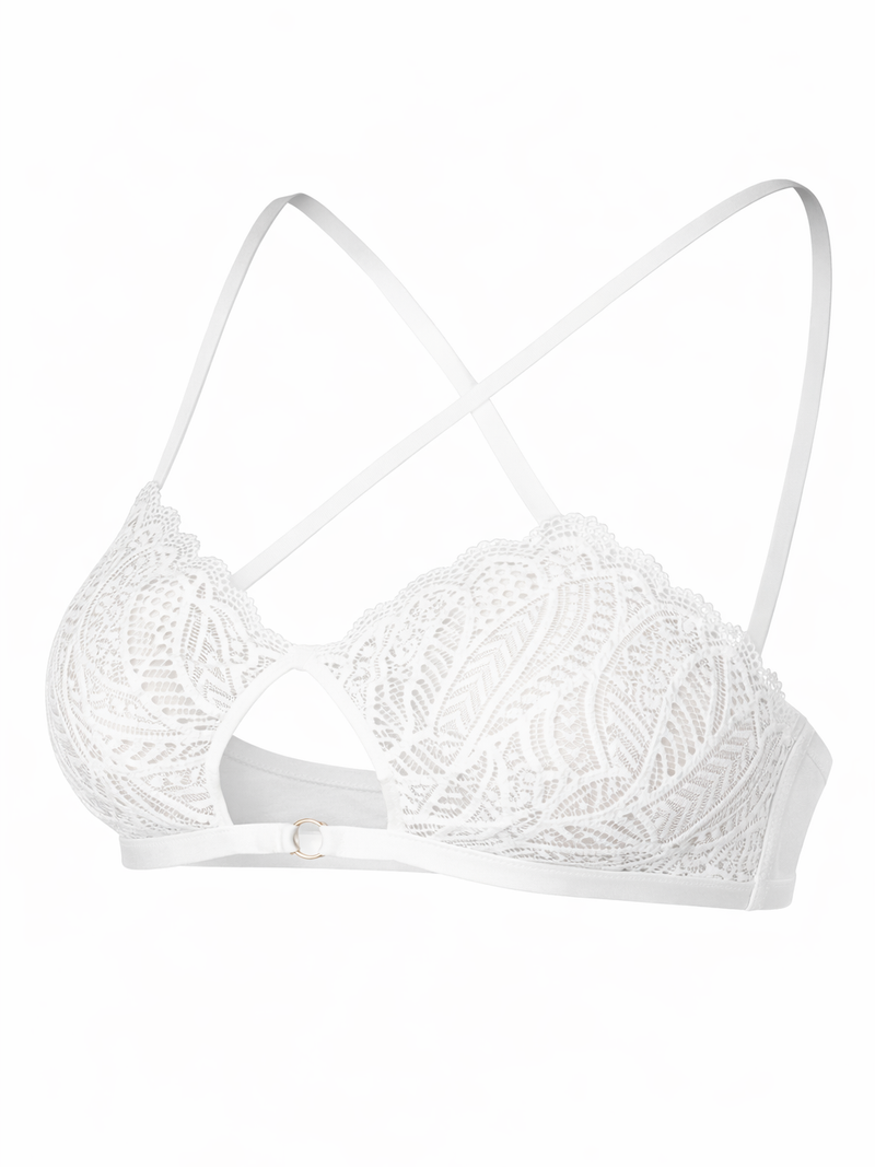 Alabaster High-Neck Lace Halter Bralette with Keyhole Detail
