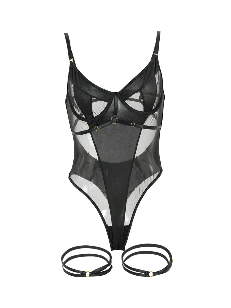 Architectural Sheer Mesh Strappy Bodysuit