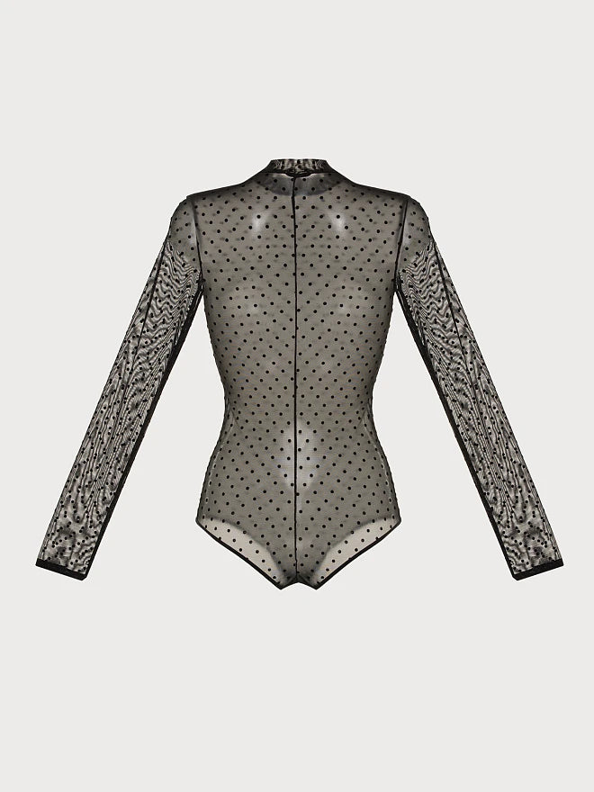 Polka Dot Sheer Mesh Long-Sleeve Bodysuit