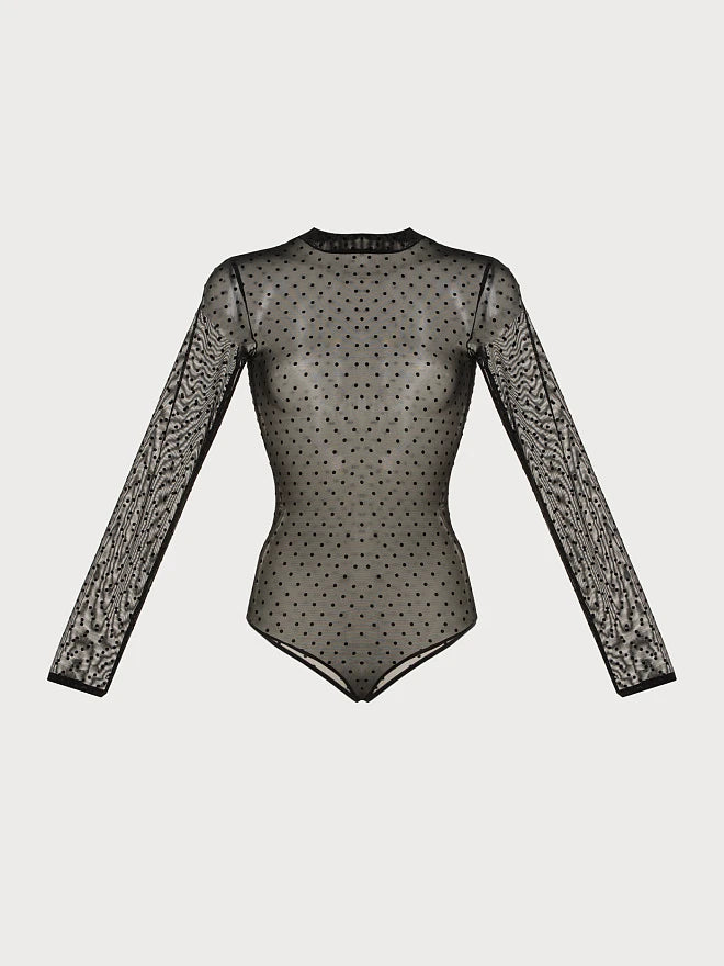 Polka Dot Sheer Mesh Long-Sleeve Bodysuit