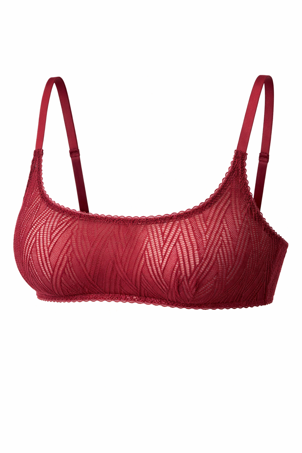 Deep Crimson Chevron Mesh Bralette with Scalloped Trim
