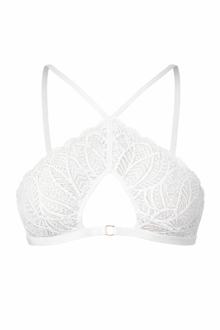 Alabaster High-Neck Lace Halter Bralette with Keyhole Detail