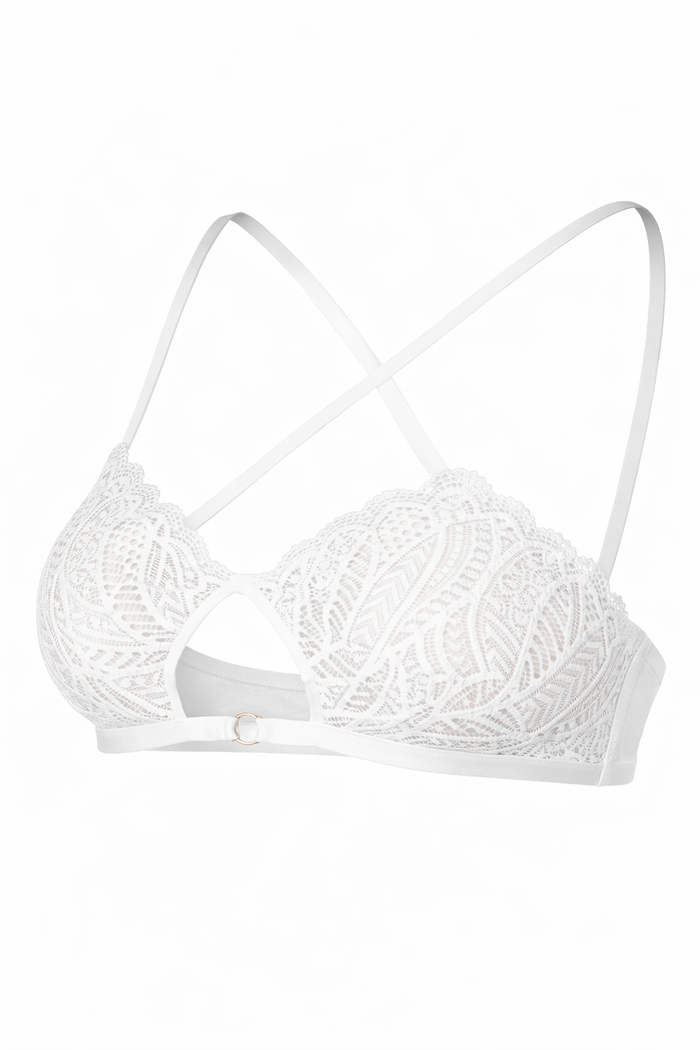 Alabaster High-Neck Lace Halter Bralette with Keyhole Detail