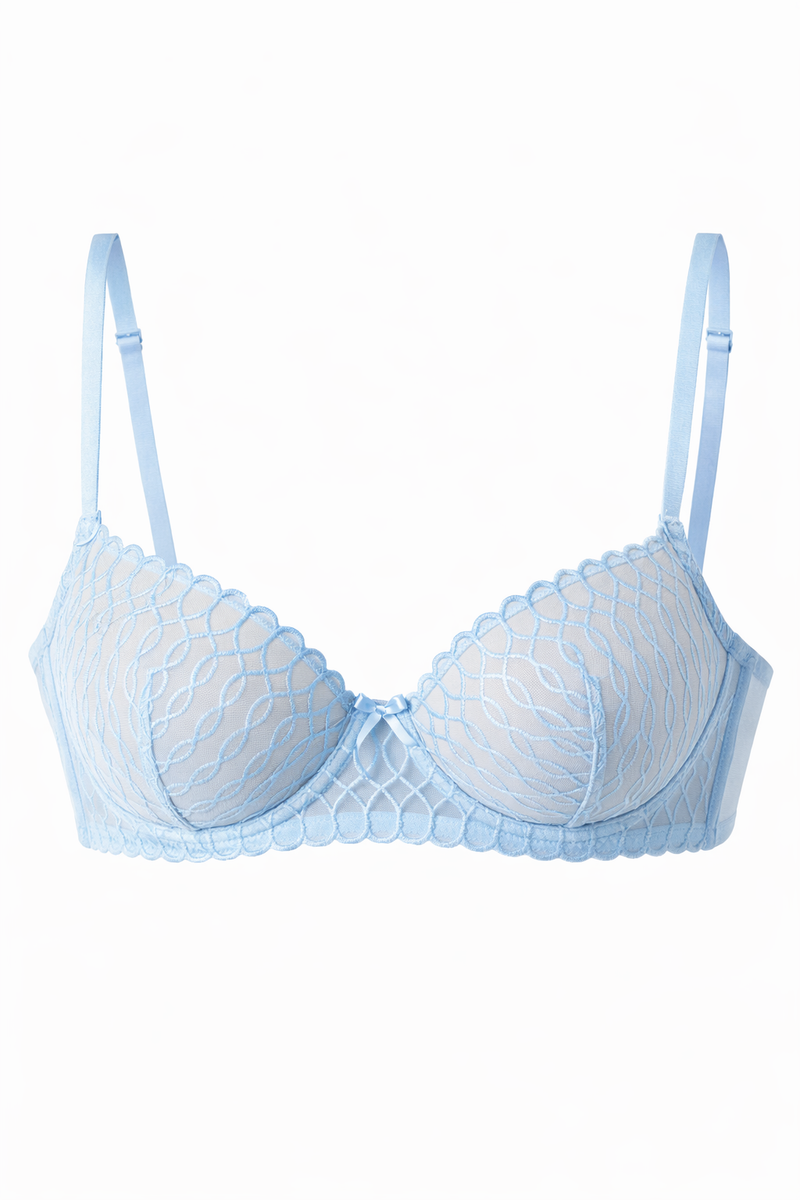 Cornflower Blue Geometric Lace Underwire Bra with Scalloped Trim