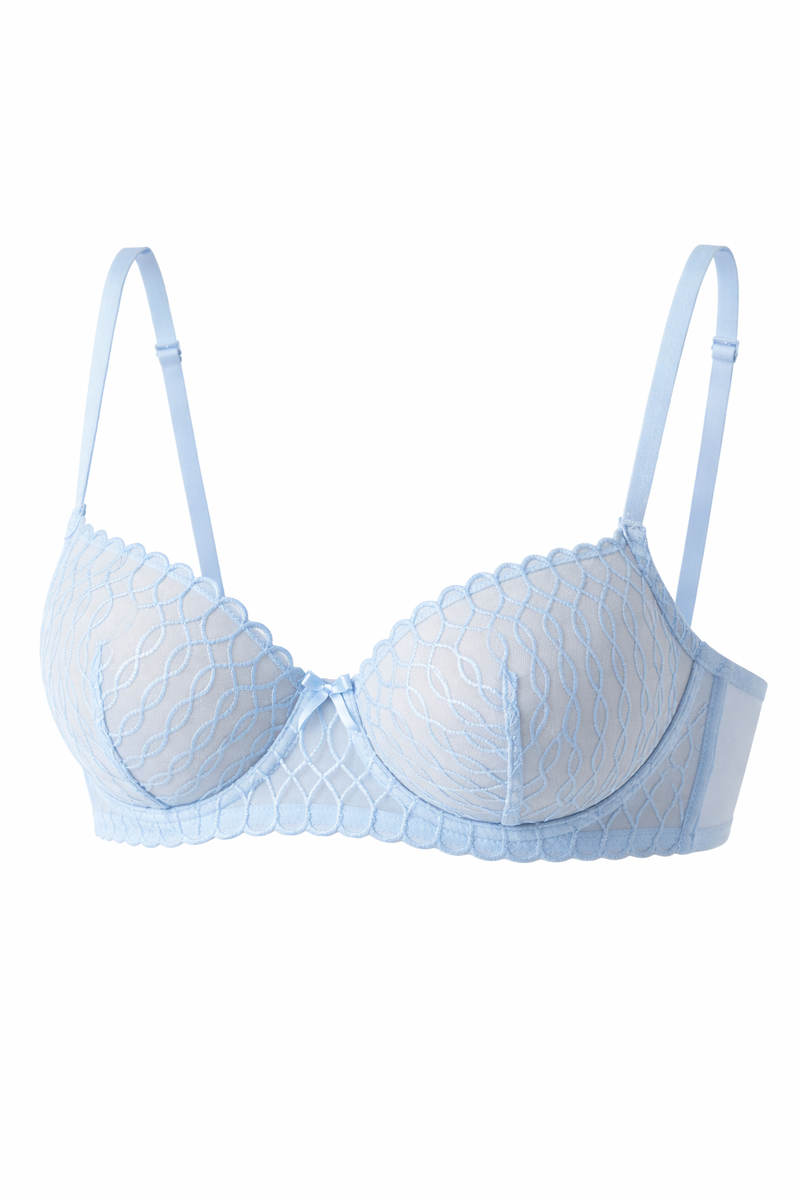 Cornflower Blue Geometric Lace Underwire Bra with Scalloped Trim