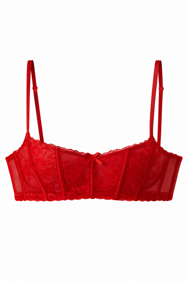 Siren Red Floral Lace Longline Bra with Corsetry Boning
