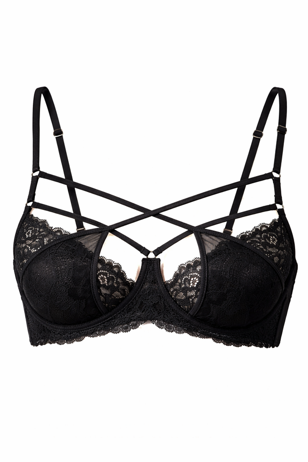 Obsidian Noir Strappy Balconette Bra with Scalloped Lace