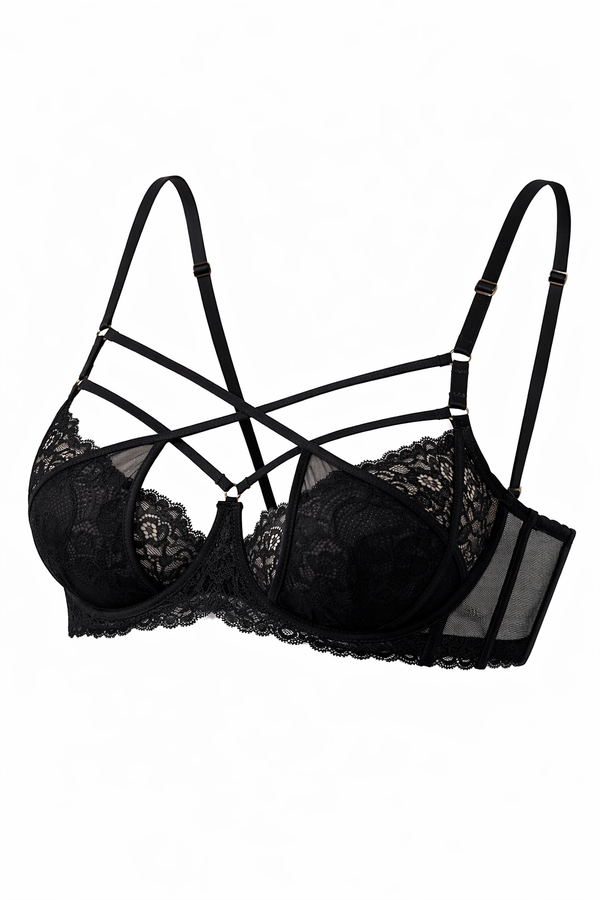 Obsidian Noir Strappy Balconette Bra with Scalloped Lace