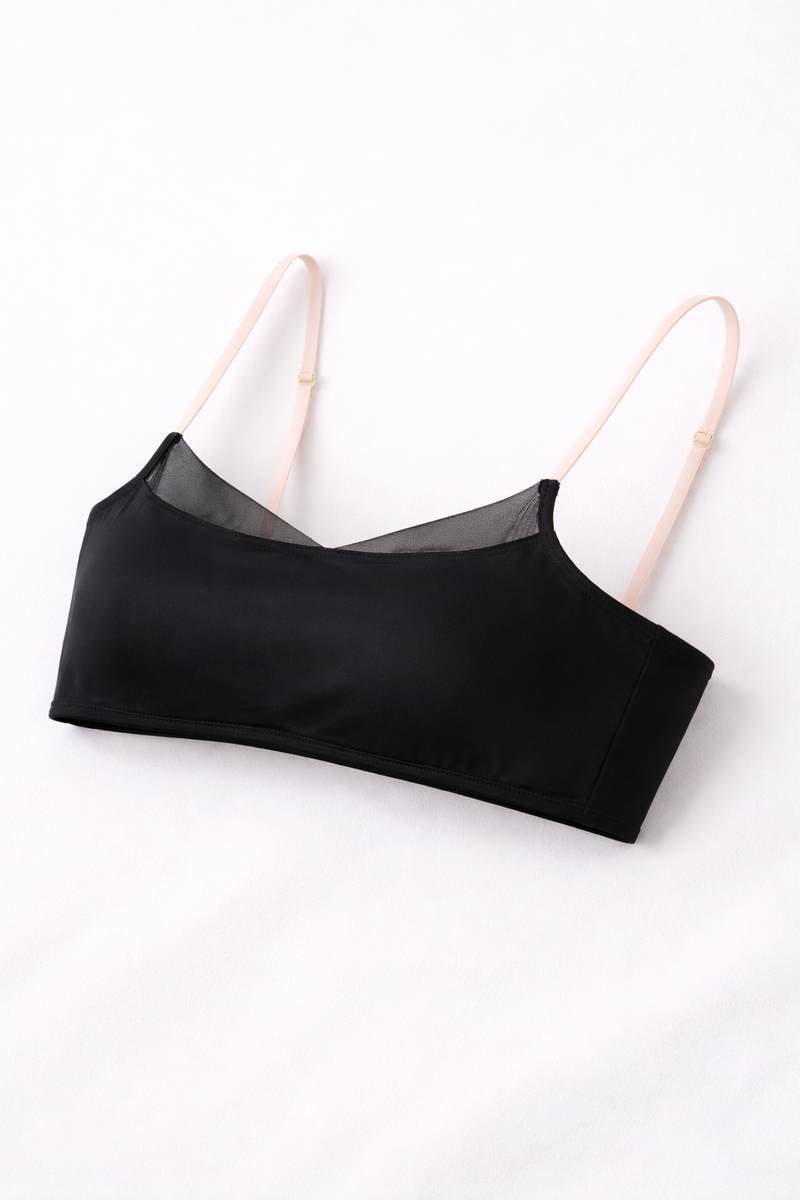 Onyx Silk Minimalist Bandeau with Sheer Mesh Inset