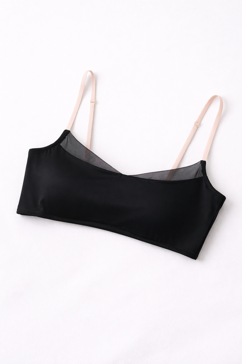 Onyx Silk Minimalist Bandeau with Sheer Mesh Inset