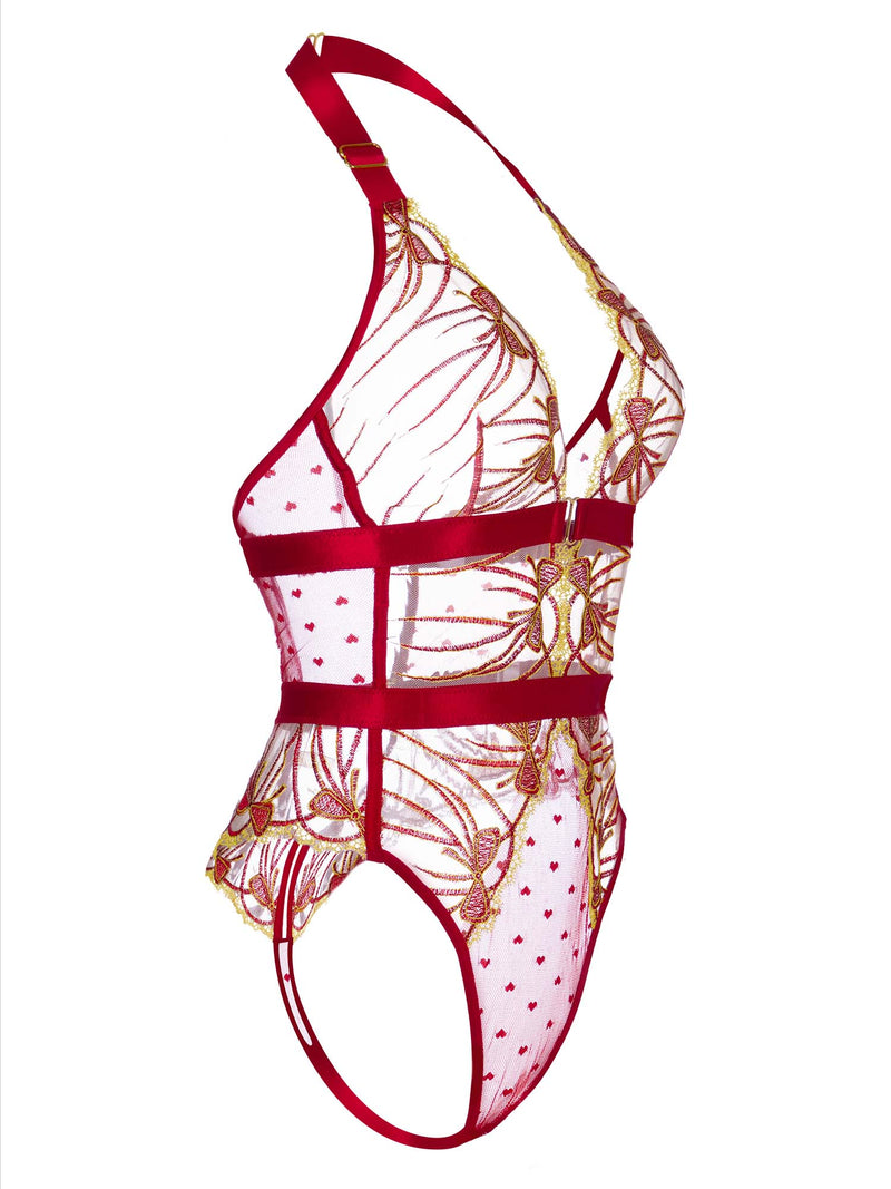 Midnight Crimson Embroidered Halter Bodysuit