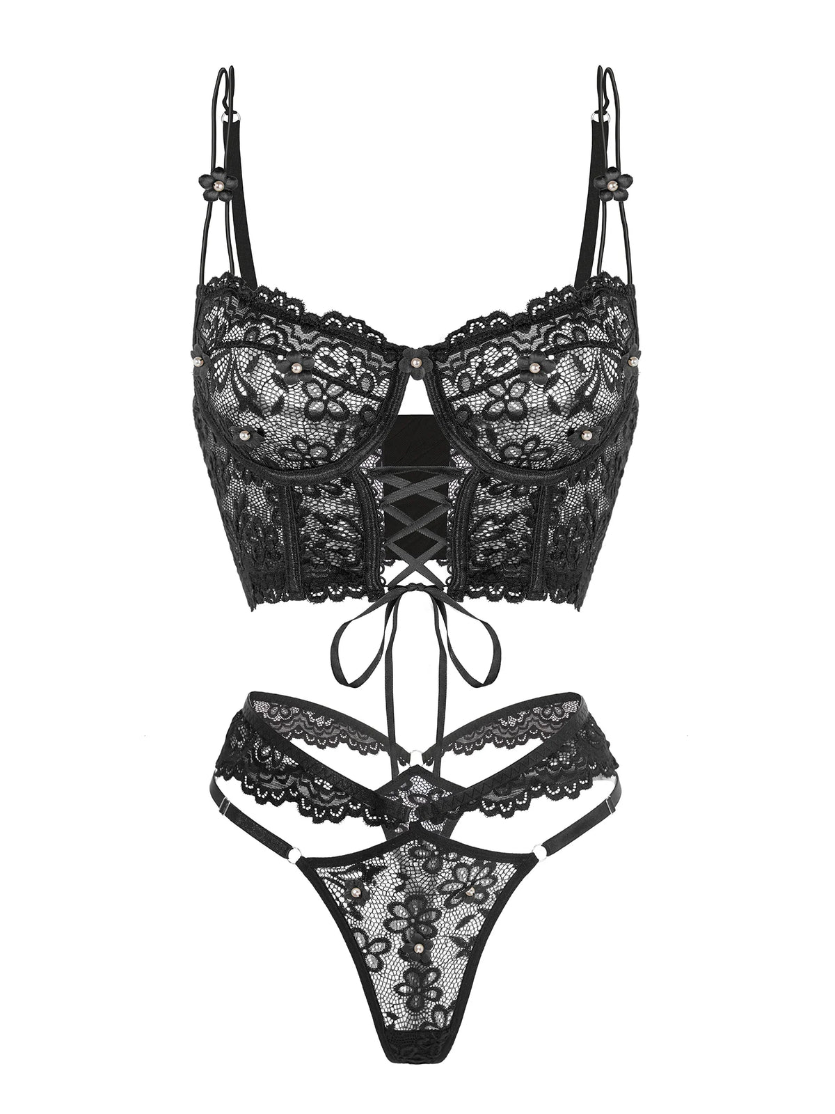 Floral Lace Corset-Style Bra & Strappy Thong Set