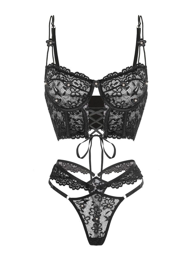 Floral Lace Corset-Style Bra & Strappy Thong Set