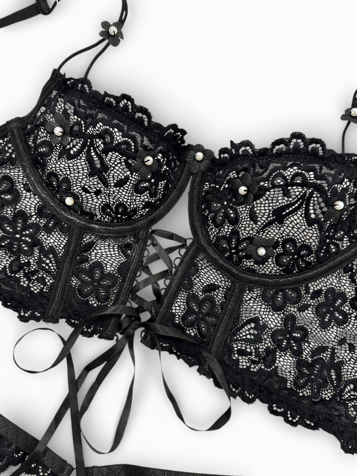 Floral Lace Corset-Style Bra & Strappy Thong Set