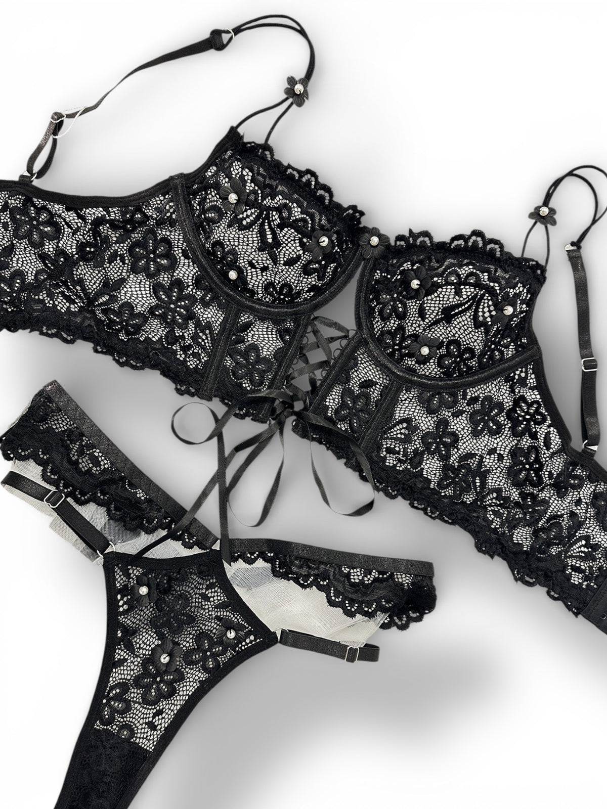 Floral Lace Corset-Style Bra & Strappy Thong Set