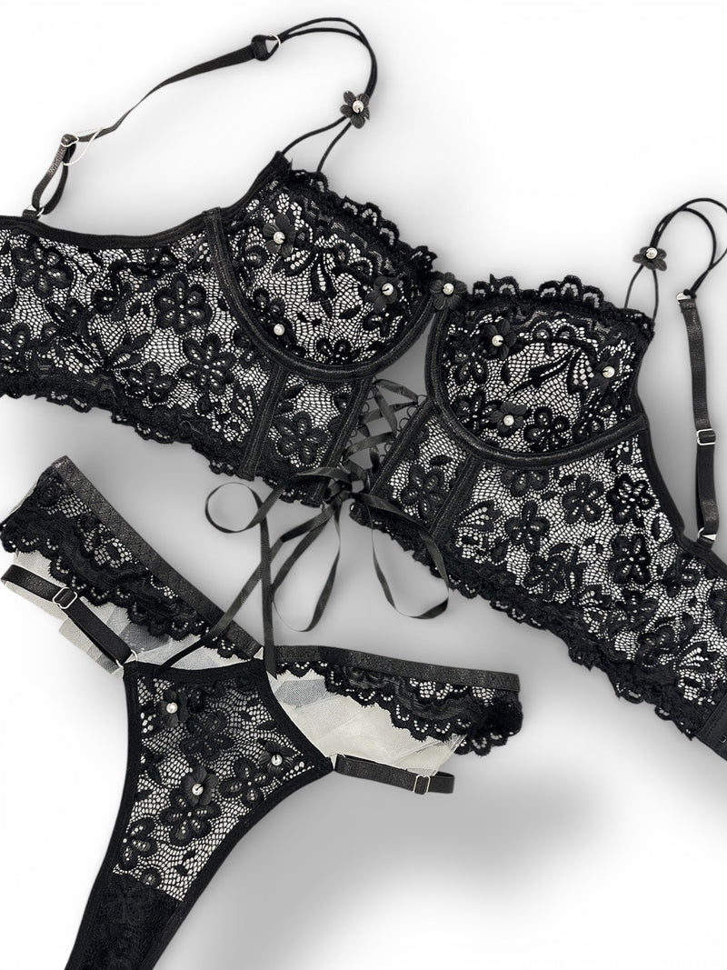 Floral Lace Corset-Style Bra & Strappy Thong Set