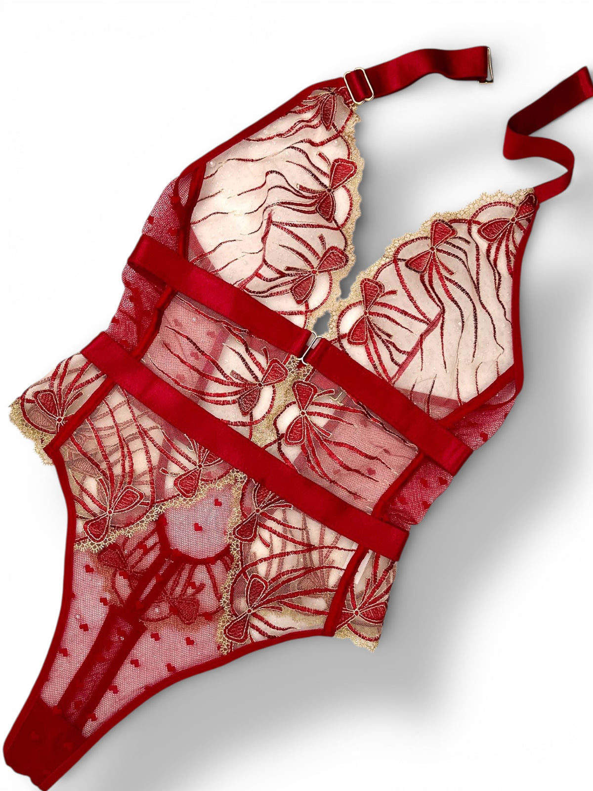Midnight Crimson Embroidered Halter Bodysuit